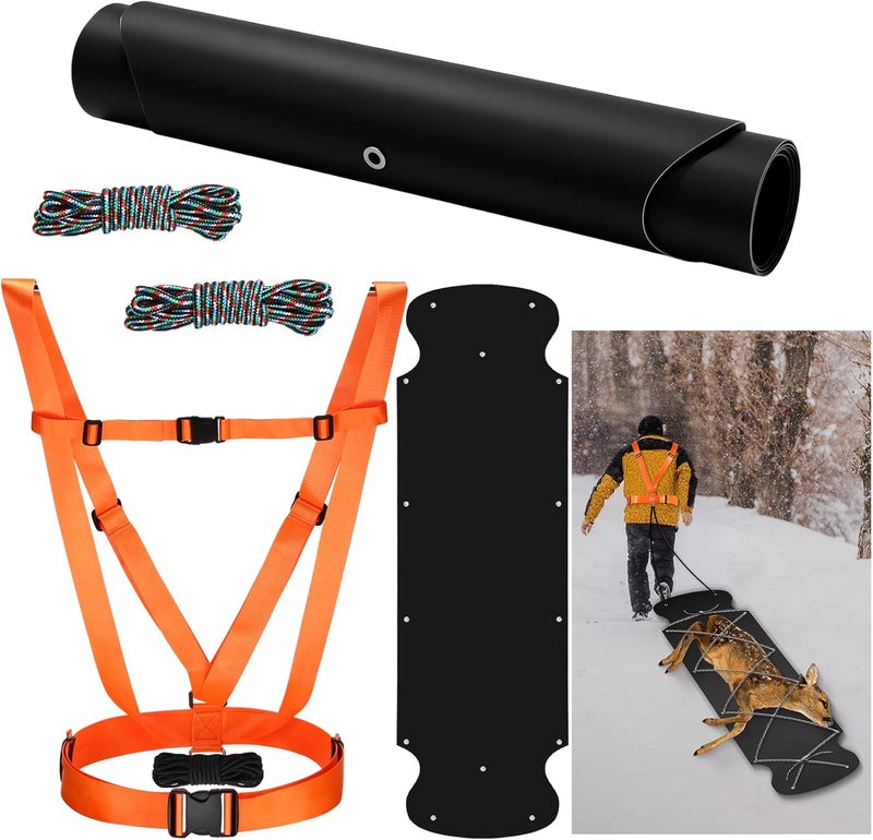 WinnerWhy Thickened Heavy Duty Deer Drag Sleds with 2 Rope, Dual Deer Drag Harness Strap, Hunting Equipment Accessories for Hauling Elk Turkeys Game Animals(Orange, Black) - Image 1